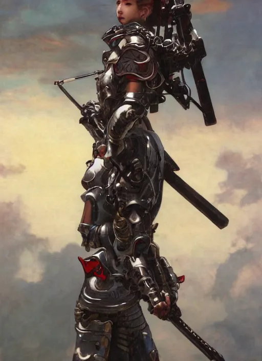 Prompt: symmetry!! closeup of a beautiful biblical diabolical samurai girl holding a rifle, cyborg armor, in clouds, cinematic studio light, windy, sunrise, by gerald brom, by mikhail vrubel, by peter elson, muted colors, extreme detail, trending on artstation, 8 k