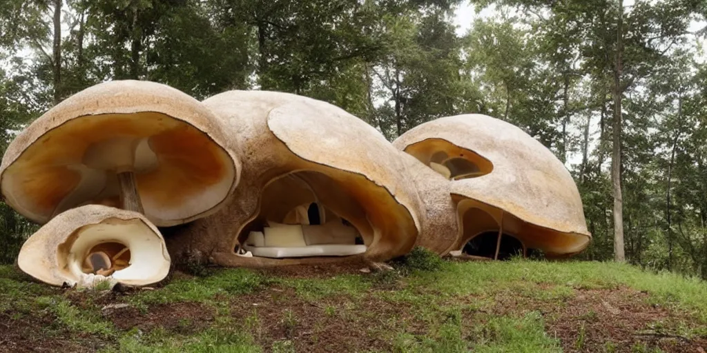 Image similar to cozy residence made from an enormous amantia mushroom