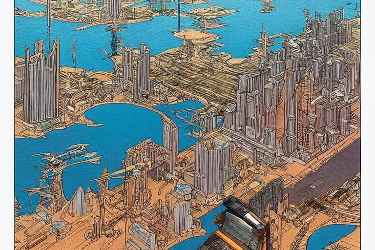 Image similar to a metropolis built on a island floating above the sea in the sky, waterfalls fall from the island into the sea, by moebius, colorful, highly - detailed, concept art