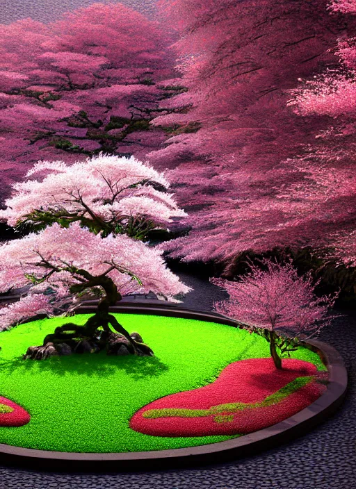 Prompt: hyper detailed 3d render like an Oil painting isometric perspective, octane render of a bonsai cherry blossom tree in a zen garden in the shape of a perfectly symetrical mandala finely detailed, hd, 8k minimalism, edge to edge, solid color background octane render, 8k