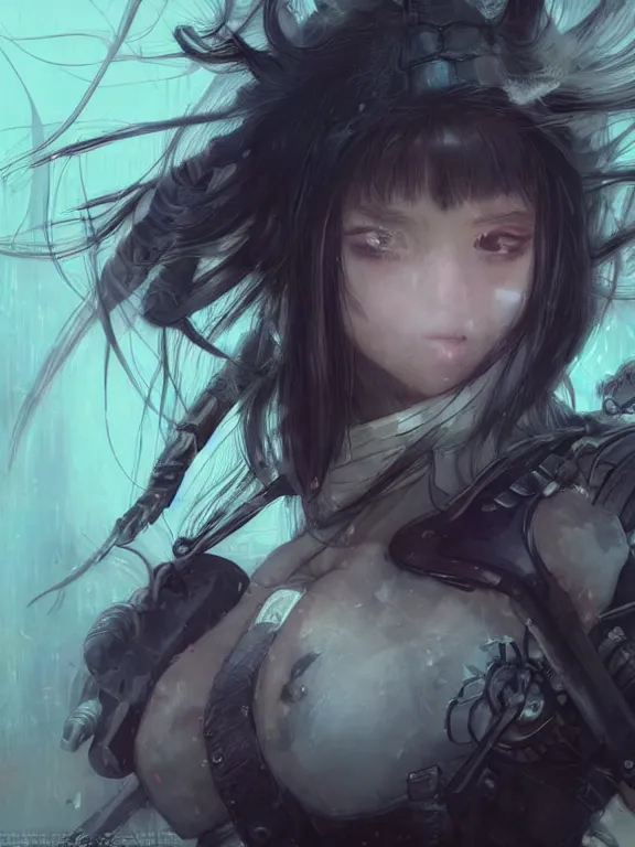 Prompt: close up picture of a uniformed berserker girl with technical devices looking at the camera, cynical, bored, beautiful and aesthetic, intricate, unreal engine, messy hair, highly detailed, detailed face, smooth, sharp focus, chiaroscuro, manga illustration, artgerm, greg rutkowski, alphonse mucha, young adult light novel cover art