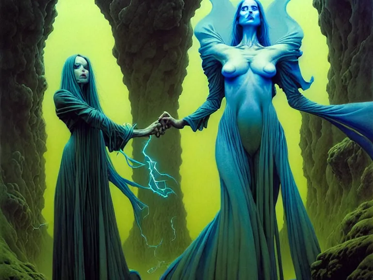 Image similar to the female arcanist and the male artificer by michael whelan and roger dean and brom and zdzisław beksinski and greg staples and donato giancola, beautiful, flowing magical robe, highly detailed, hyperrealistic, intricate, energy, electric, blue flame, low light, green crystal, high contrast, old and young, lifelike