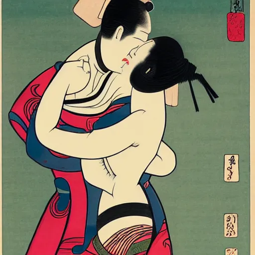 Prompt: a robotic man and woman hugging, shunga style, ukiyo - e art, artstation