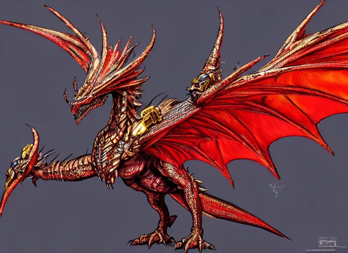 Prompt: A winged dragon with ornate red and gold scales, blue eyes. In style of Yoji Shinkawa and Hyung-tae Kim, trending on ArtStation, dark fantasy, great composition, concept art, highly detailed.