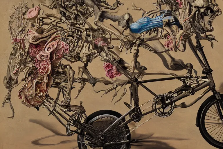 Prompt: skeleton on a bmx by james jean and salvador dali and shusei nagaoka, oil on canvas, exquisitely intricate details, surrealism, neoclassicism, renaissance, hyper realistic, ultra detailed, cell shaded, 8 k