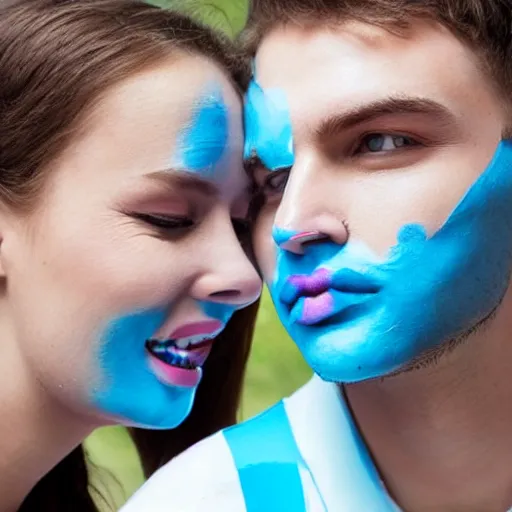 Prompt: couple kissing with bright blue glue paste in faces