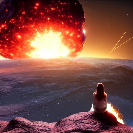 Image similar to a girl on a hill watching a flaming asteroid fall from space, octane render very realistic beatiful