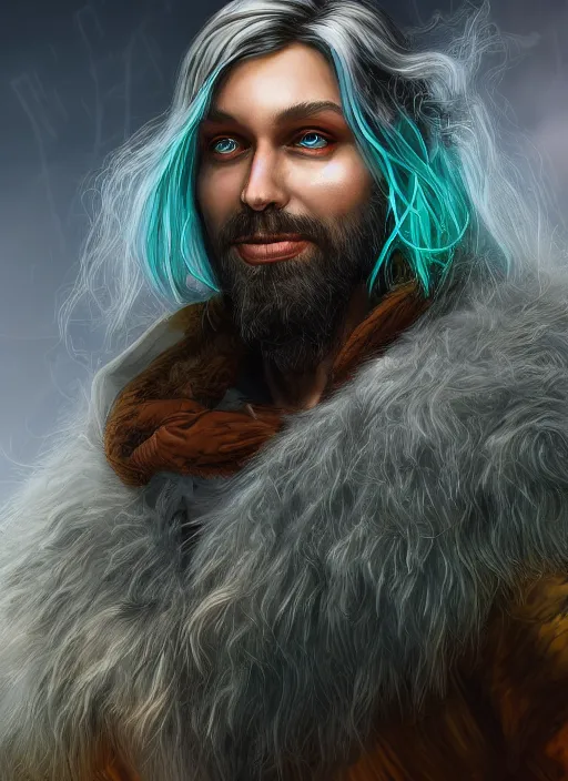 Image similar to an epic fantastic realism comic book style portrait painting of an aasimar warlock, male, shaggy silver hair, short brown beard, d & d concept art, unreal 5, daz, teal aesthetic, octane render, cosplay, rpg portrait, dynamic lighting