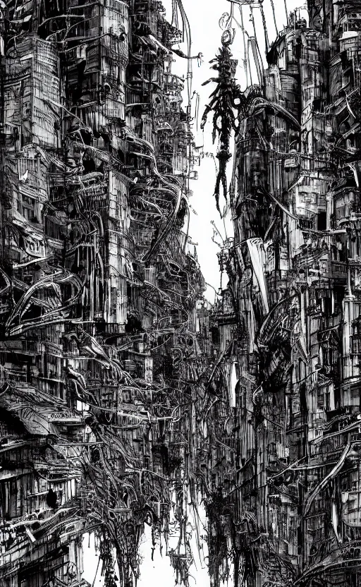 Prompt: dense city scene by tsutomu nihei, inked, minute details, desolation, hyper realistic, cosmic horror, biomechanical, beautiful