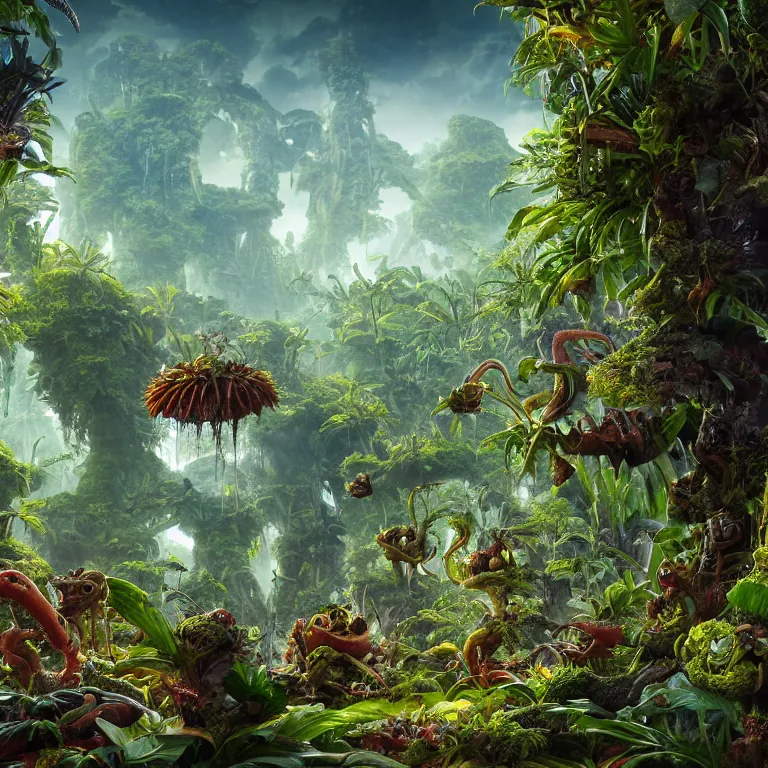 Image similar to octane render by lavinia fontana and naoto hattori and william henry hunt, a vast beautiful luscious alien jungle filled with glowing strange exotic plants and small critters, 8 k, volumetric lighting and shadows, unreal engine, cgsociety