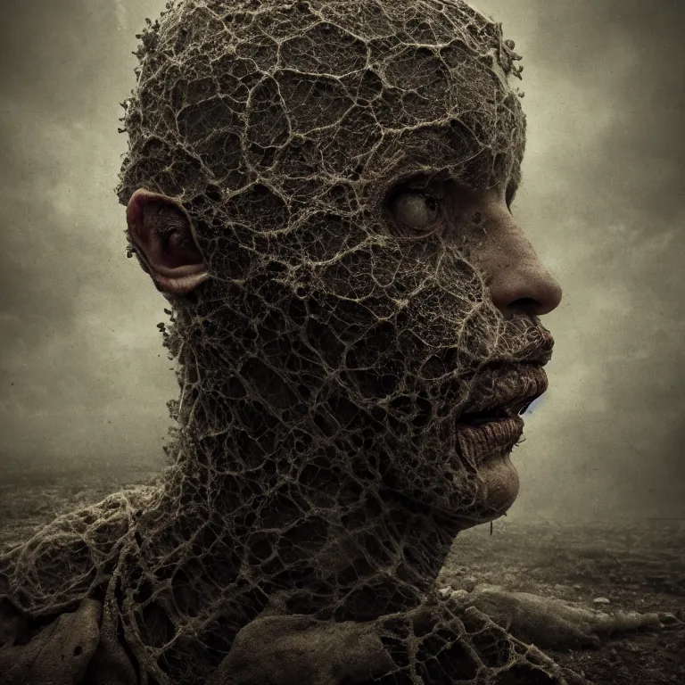 Image similar to ribbed abandoned face portrait, baroque painting, standing in a desolate empty wasteland, creepy, nightmare, dream-like heavy atmosphere, surreal abandoned buildings, beautiful detailed intricate insanely detailed octane render trending on Artstation, 8K artistic photography, photorealistic, chiaroscuro, Raphael, Caravaggio, Beksinski, Giger