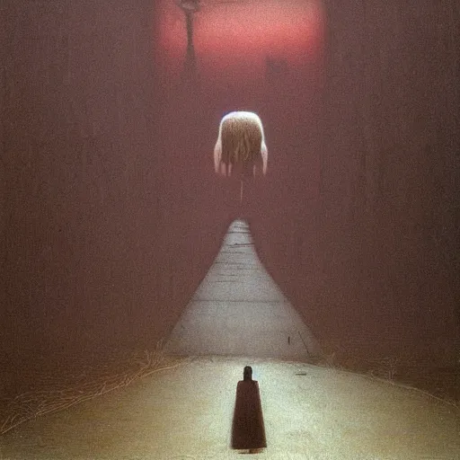 Prompt: lone girl travelling on the road, around her strange landscape by Beksinski