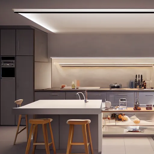 Prompt: kitchen skylight led strip lighting, realistic, wide shot, octane render, house and home, home and garden, hyper realistic, high quality, highly detailed, hd, beautiful, cinematic, 8 k, unreal engine,