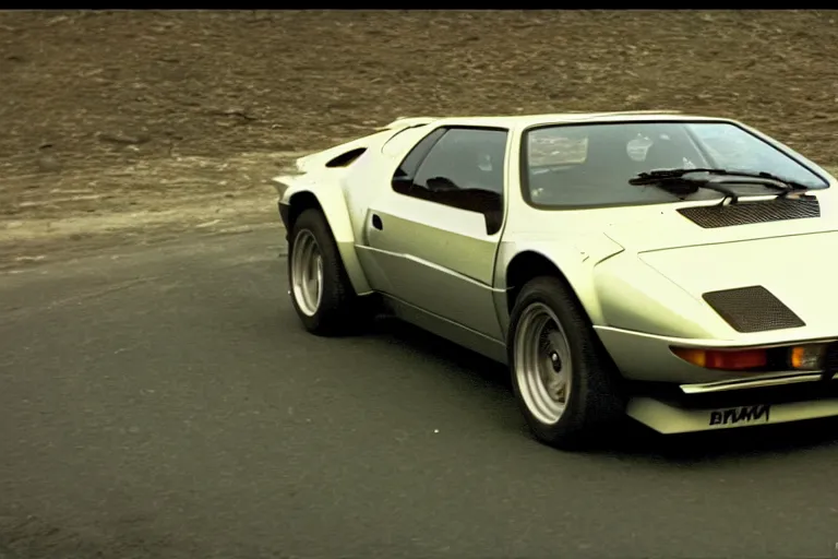 Image similar to BMW M1 Lamborghini LP400, movie still, speed, cinematic Eastman 5384 film