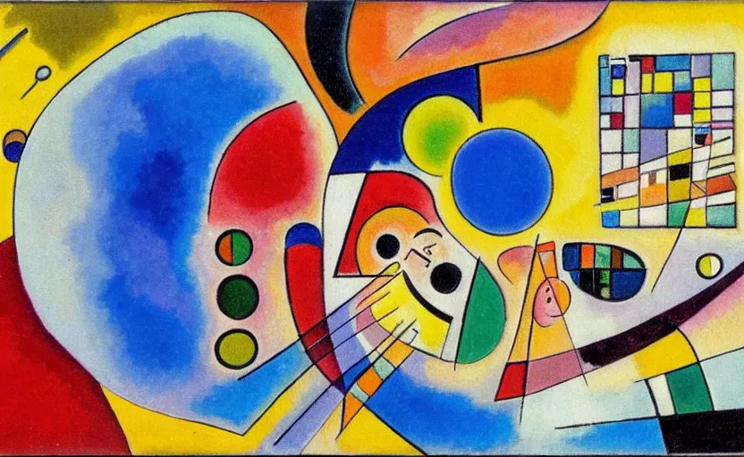 Image similar to In the style of Kandinsky, a painting of an astronaut eating an orange in front of a concrete building