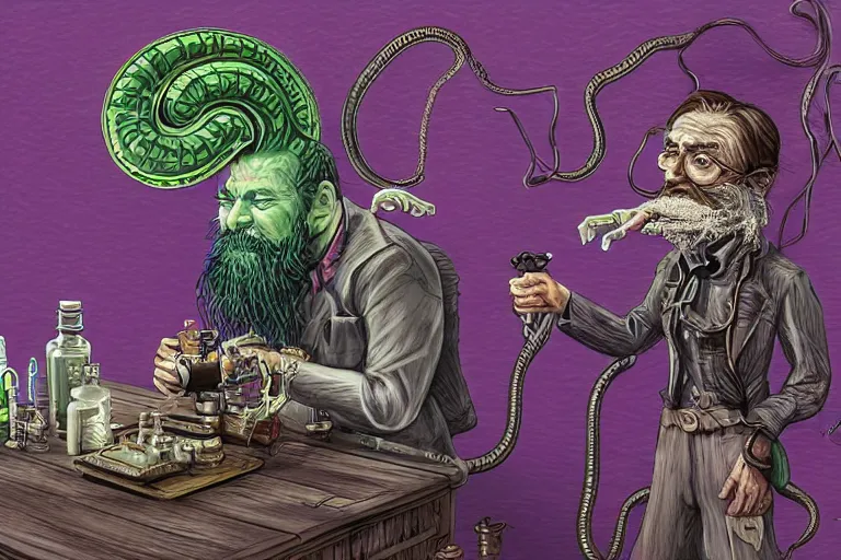 Prompt: Uncle Aloysius, snake oil salesman, wild west crypto pharmaceutical industrialist locomotive petroleum apothecary alchemist tinkerer engineer, cute, fantasy, intricate, elegant, highly detailed, digital painting, 4k, HDR, concept art, smooth, sharp focus, illustration, purple green color scheme, art by Ed Roth and H R Giger and Greg Rutowski and Lisa Frank