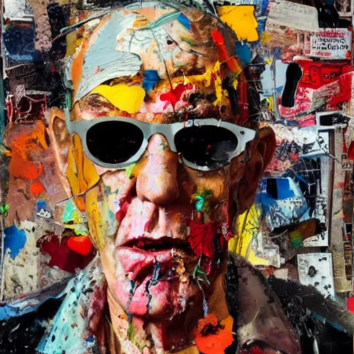 Image similar to hyperrealistic, photorealistic, mixed media oil painting of hunter s thompson, magazine scraps, plaster, blood, oil, mustard, splatter, greg rutkowski, basquiat, ralph steadman, wesley kimler, terry gilliam, andy warhol