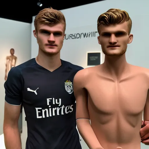 Image similar to a realistic detailed photo of a guy who is an attractive humanoid who is half robot and half humanoid, who is a male android, soccer players martin ødegaard & timo werner, shiny skin, posing like a statue, blank stare, in a museum, on display, showing off his muscles, gold soccer shorts, no jersey, statue, many copies of them