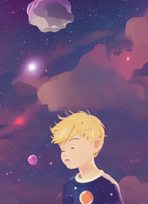 Image similar to little boy with short blonde hair. he is floating in space. he is wearing a space suit. background is a nebula. clean cel shaded vector art. shutterstock. behance hd by lois van baarle, artgerm, helen huang, by makoto shinkai and ilya kuvshinov, rossdraws, illustration, art by ilya kuvshinov