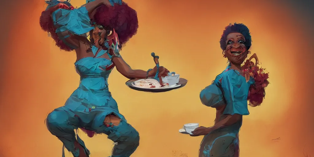 Image similar to cartoonish celia cruz eating dinner, vivid colors, character sheet, fine details, concept design, contrast, kim jung gi, greg rutkowski, enki bilal, trending on artstation, 8 k, full body, turnaround, front view, back view, ultra wide angle