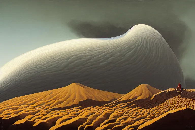 Prompt: the rains stopped and the ark comes to rest on mount ararat. incoming gigantic wave, by jeffrey smith, oil on canvas
