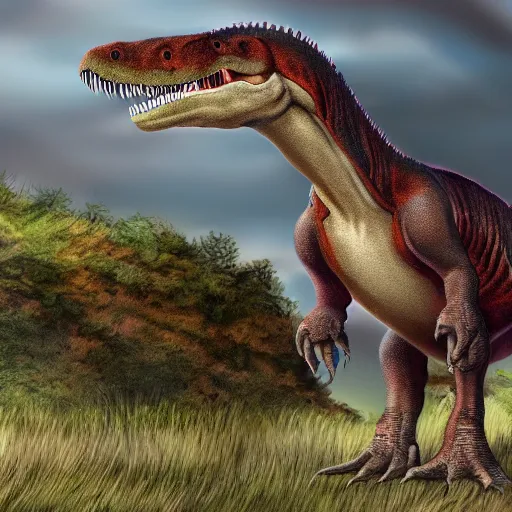 Image similar to a highly detailed realistic image of a Tyrannosaurus with feathers in its natural habitat