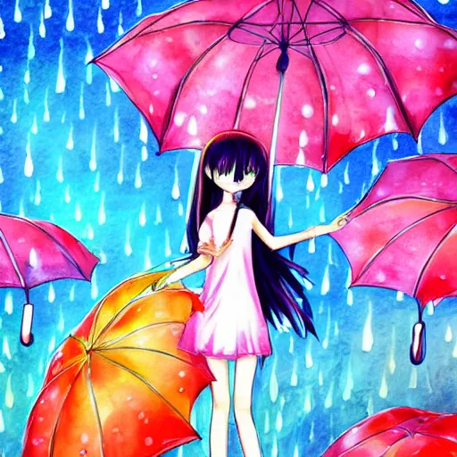 Image similar to rain, pattern, cute anime, vivid colors, watercolors, umbrella, girl