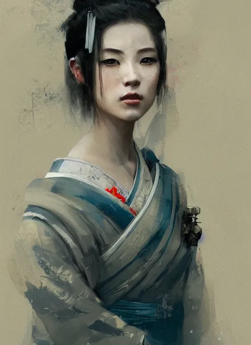 Image similar to female geisha girl, beautiful face, rule of thirds, intricate outfit, spotlight, by greg rutkowski, by jeremy mann, digital painting