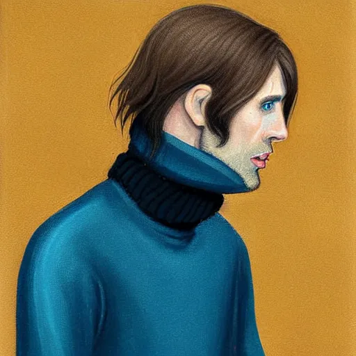 Prompt: gangly brunette man with hair long on top medium down the sides, blond beard, small chin, rectangular face, thin lips, English heritage, small blue eyes, middle aged, wearing a turtleneck and jacket, pale skin, narrow face, digital art, painterly, cartoon, cute, 8k, illustration, art by loish, painterly, trending on artstation, medium shot, uncropped