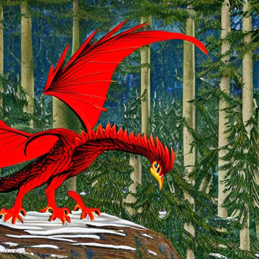 Prompt: black eagle with red eyes fighting a white dragon over a spruce tree forest