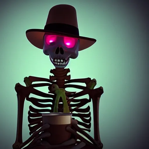 Prompt: portrait of a funny skeleton character holding a cup of coffee. pixar style animation 3 d extremely gloomy lighting, shining light and shadow, atmospheric, cinematic, unreal engine, 8 k