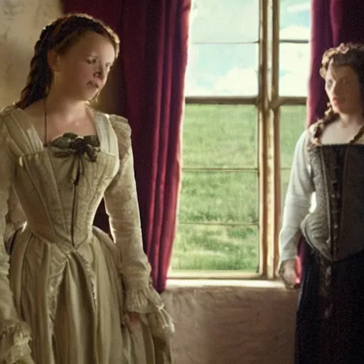 Prompt: scene from a 2 0 1 0 film set in 1 6 5 0 showing a woman standing next to a window