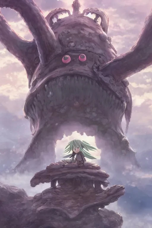 Image similar to a monster from made in abyss anime, anime key visual, japanese anime, highly detailed, concept art, creature design