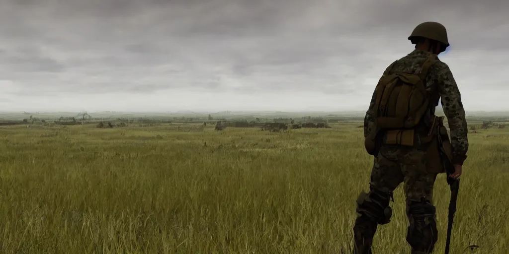 Prompt: a man looking down on the battlefield, very sad, ultra-realistic