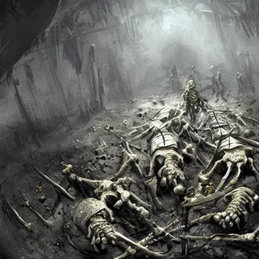 Image similar to living undead skeletons emerging from a pile of shit in the bottom of a very dark well. swords in their hands. wide angle. trending on artstation, craig mullins, gopro lens.