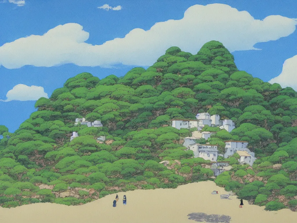 Image similar to studio ghibli painting, kazuo oga, a lone stucco house by the beach, blue sky with few clouds,