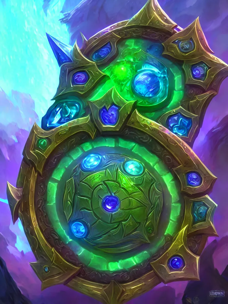 Image similar to square bright shield of warcraft blizzard shield art, a spiral colorful gems shield. bright art masterpiece artstation. tree and roots shield, 8 k, sharp high quality illustration in style of jose daniel cabrera pena and leonid kozienko, green colored theme, concept art by tooth wu, card frame