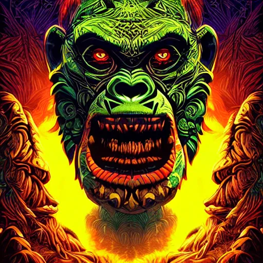 Image similar to barong family member, wiwek, mara demon, one single tribe member, jungle, one single mask, dark, ancient warrior, gorilla, lizard, tribal, inner glow, art by dan mumford and justin gerard