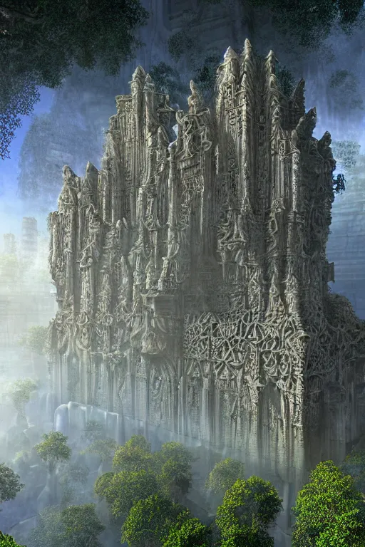 Image similar to ancient fractal temple megastructure in the hanging gardens of a radiant cathedral, overgrown garden,, scanned earth terrain bridges, erosion algorithm landscape, by albert bierdstat, by glenn small, high fantasy, high resolution, photorealism, populated by luminous beings, god rays in volumes of fog, looking up perspective