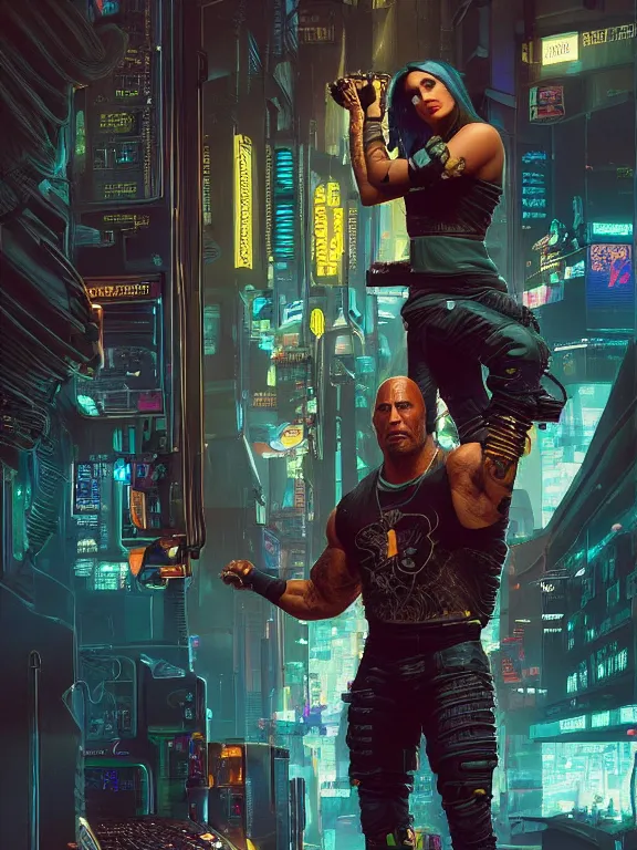 Prompt: a cyberpunk 2077 portrait of Dwayne Johnson carrying a female android complex mess of cables and wires behind them connected to giant computer, love,film lighting, by laurie greasley,Lawrence Alma-Tadema,William Morris,Dan Mumford, trending on atrstation, full of color, highly detailed,8K, octane, Digital painting,golden ratio,cinematic lighting