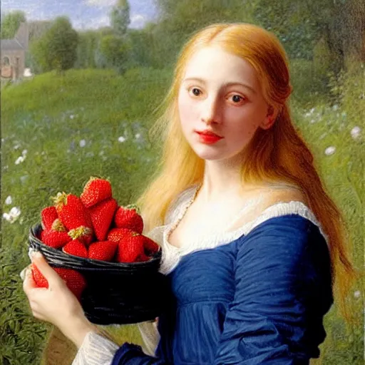 Image similar to A beautiful Blonde Woman with Locks selling strawberries in the style of Sophie Anderson, Portrait