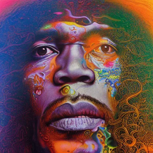 Image similar to colour masterpiece surreal closeup portrait photography jimi hendrix by miho hirano and annie leibovitz and michael cheval, psychedelic smoke background by kilian eng and roger dean and salvador dali and beksinski, 8 k