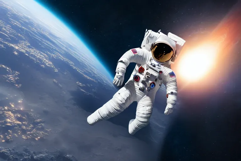 Image similar to astronaut in space wearing a spacesuit floating, meteor hitting earth in background, highly detailed, photorealistic portrait, bright studio setting, studio lighting, crisp quality and light reflections, unreal engine 5 quality render