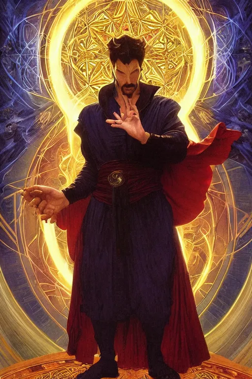 Image similar to An Epic Tarot Card of Dr. strange casting dynamic powerful spell. lit by dark evil magic portal, amazing colour harmony and variation, simple background, by Donato Giancola, William Bouguereau, John Williams Waterhouse and Alphonse Mucha