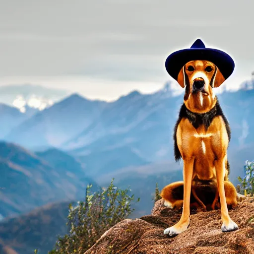 Image similar to a foxhound dog that is realistic wearing different hats and posing in front of a scenic background