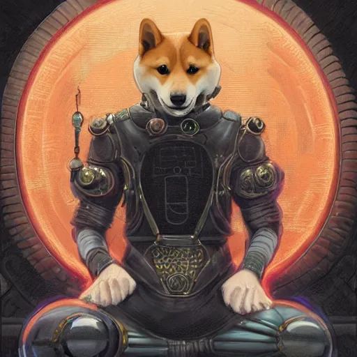 Image similar to lotus pose, anthropomorphic shiba inu, realistic scifi cyberpunk, wearing for man ukrainian traditional black vyshyvanka clothes, portrait art by donato giancola and greg rutkowski, realistic face, digital art, trending on artstation, symmetry