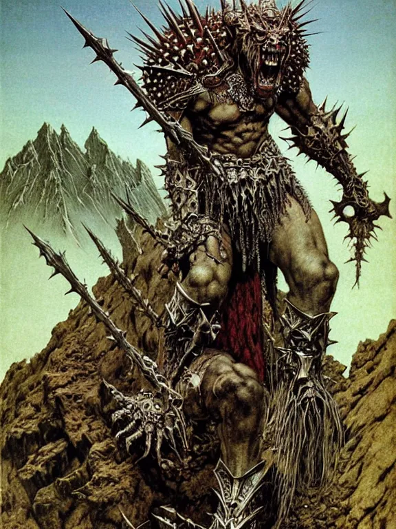 Image similar to A powerful large fanged orc with pale skin covered in scars stands near the mountains, wearing spiky complex detailed armor without a helmet. Extremely high detail, realistic, fantasy art, scars, solo, masterpiece, saturated colors, art by Zdzisław Beksiński, Arthur Rackham