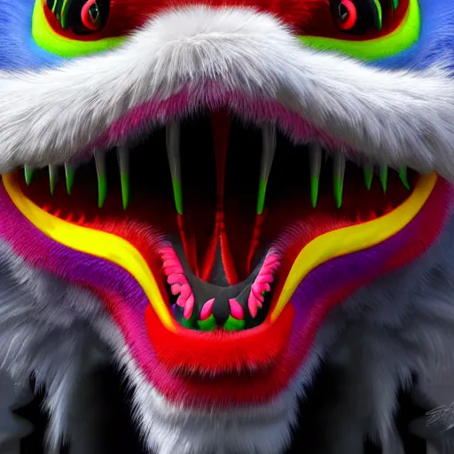 Image similar to colorful fluffy chinese dragon face high detailed fur 3 d render 4 k