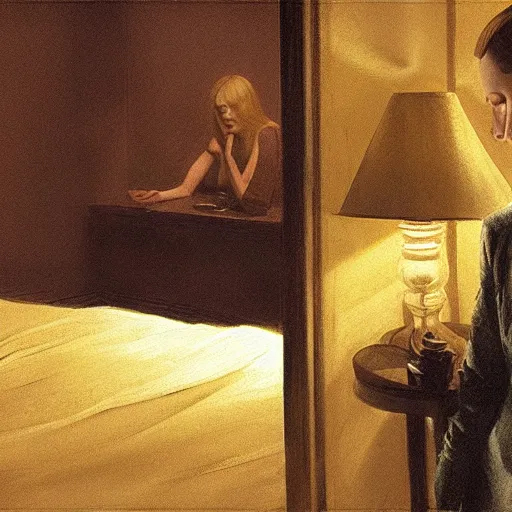 Image similar to Elle Fanning drinking blood at night at night in the world of Edward Hopper, creepy basement room, flickering lights, extremely detailed masterpiece, oil on canvas, low-key neon lighting, artstation, Blade Runner 2049, Roger Deakin’s cinematography, by J. C. Leyendecker and Peter Paul Rubens,