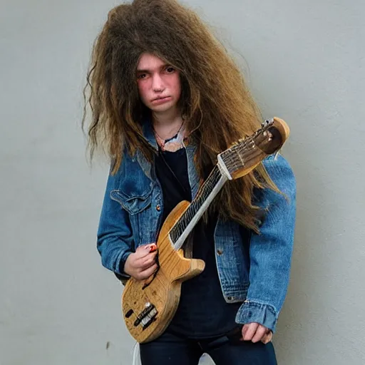 Prompt: teenage girl, long shaggy hair permed hair, double denim, heavy rocker, 2 0 2 2 photograph